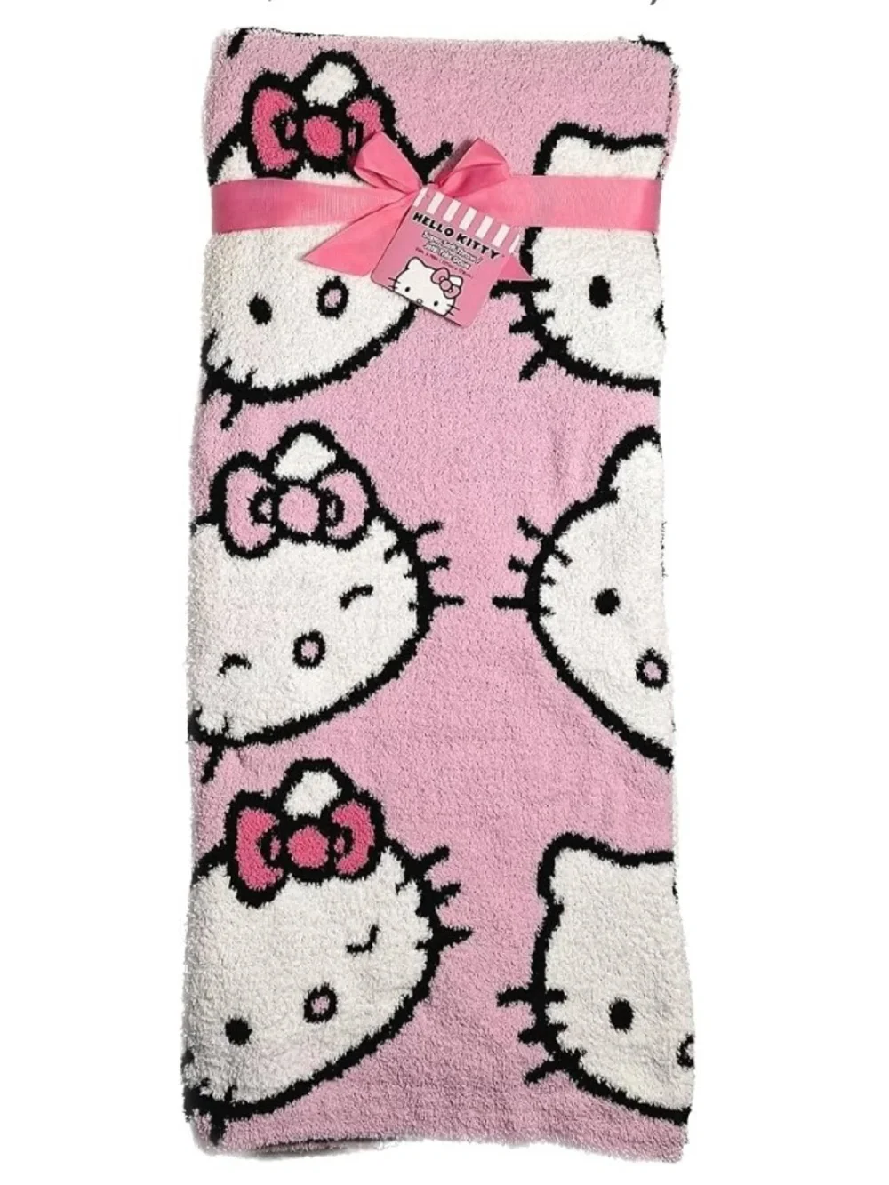 Hello Kitty Pink Yarn Knit Faces Throw Blanket